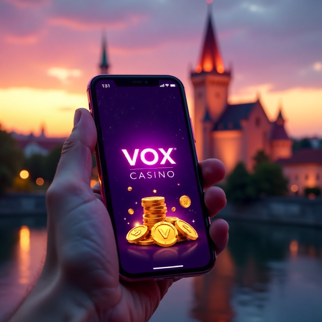 A hand holding a premium smartphone showing Vox Casino app, background featuring the Wawel Royal Castle in Krakow at golden hour, official brand neon purple and deep black colors, 3D golden coins and neon slot symbols flying out of the screen, hyper-reali